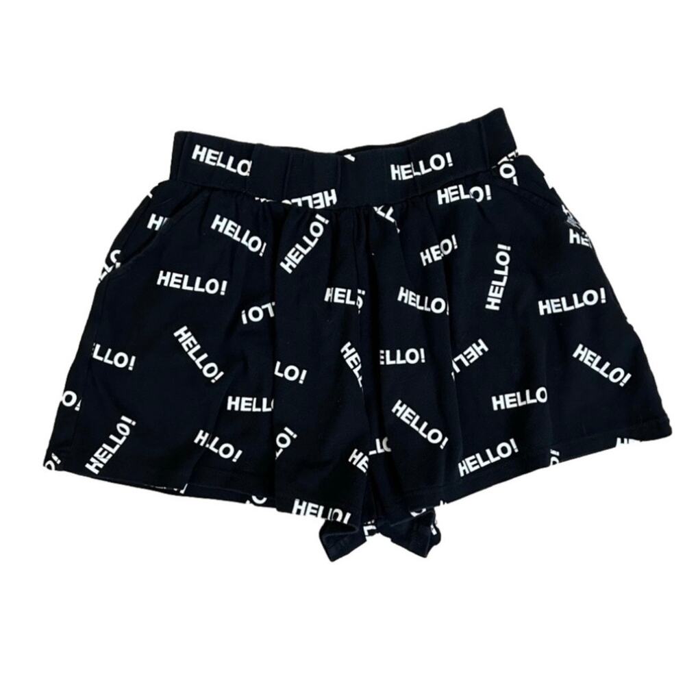 Chocoolate Black “Hello” Allover Print Shorts Elastic Waist Graphic Streetwear